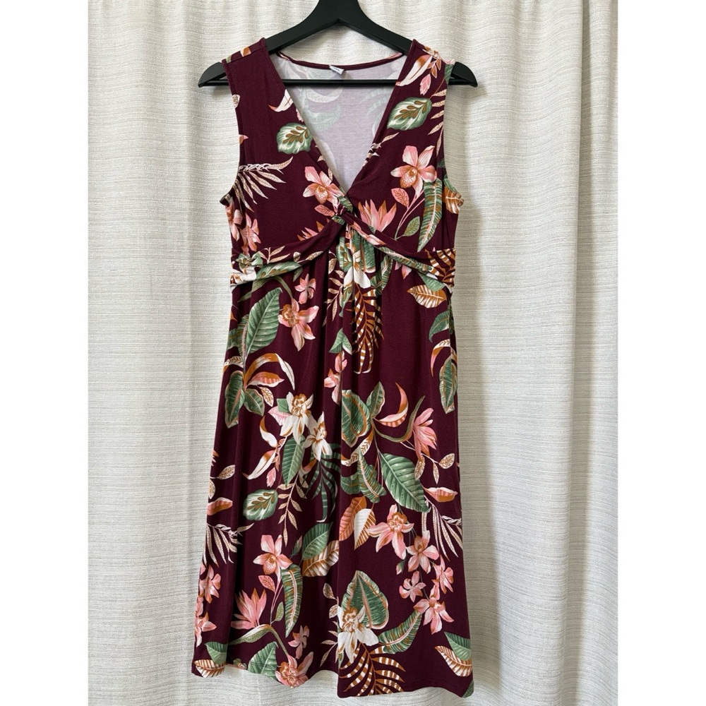 Old Navy Maternity Small Burgundy Floral Leaves V-Neck Sleeveless Dress